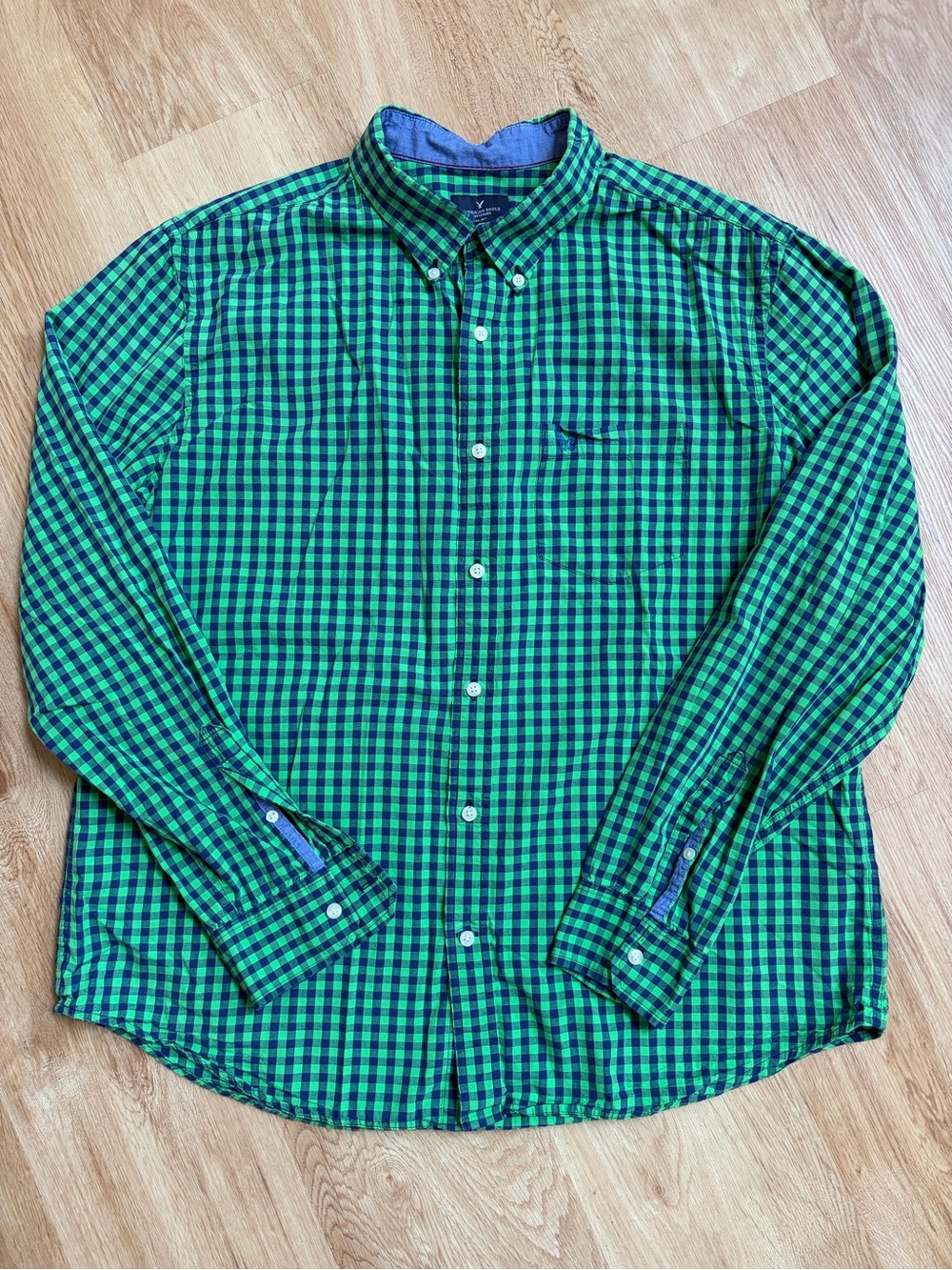 American Eagle Outfitters Green Navy Blue Check Button-Down Shirt Preppy XL
